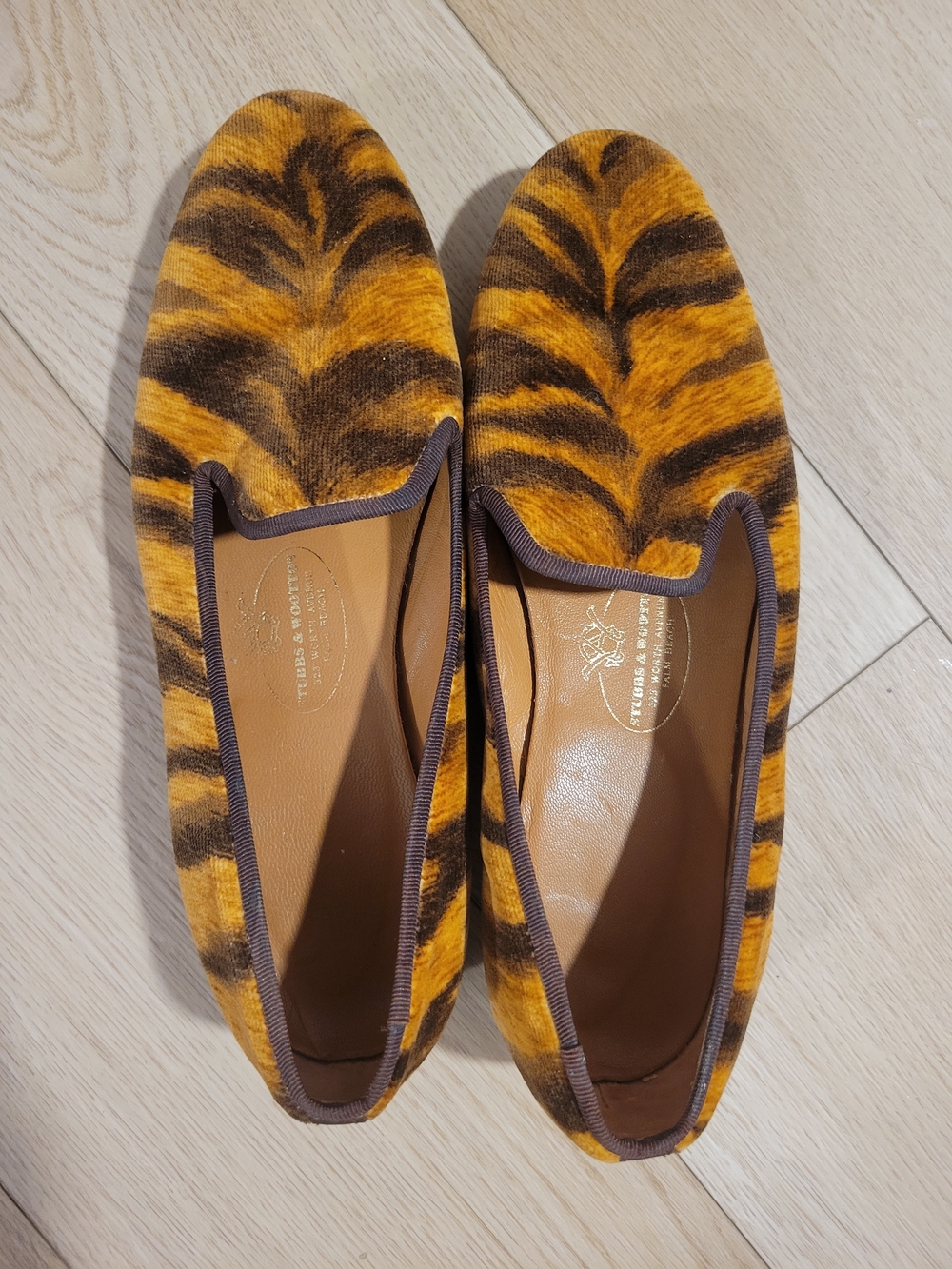 Stubbs And Wootton Shoes/Tiger-Print Velvet Loafers - Brown/Gold Slip-On Flats
